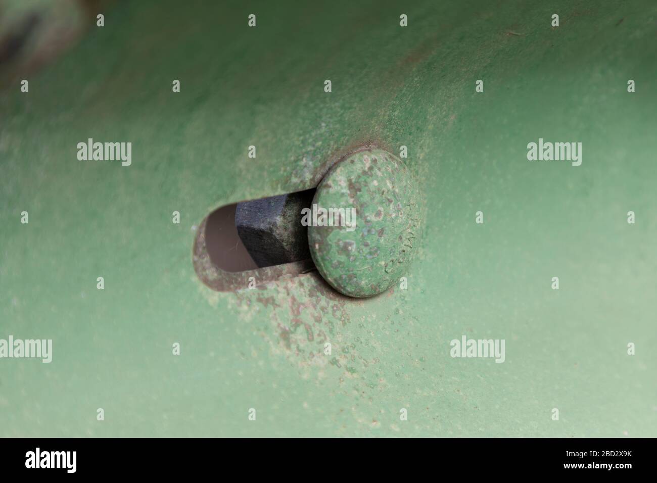 Une tête de boulon verte sur un métal peint vert Banque D'Images