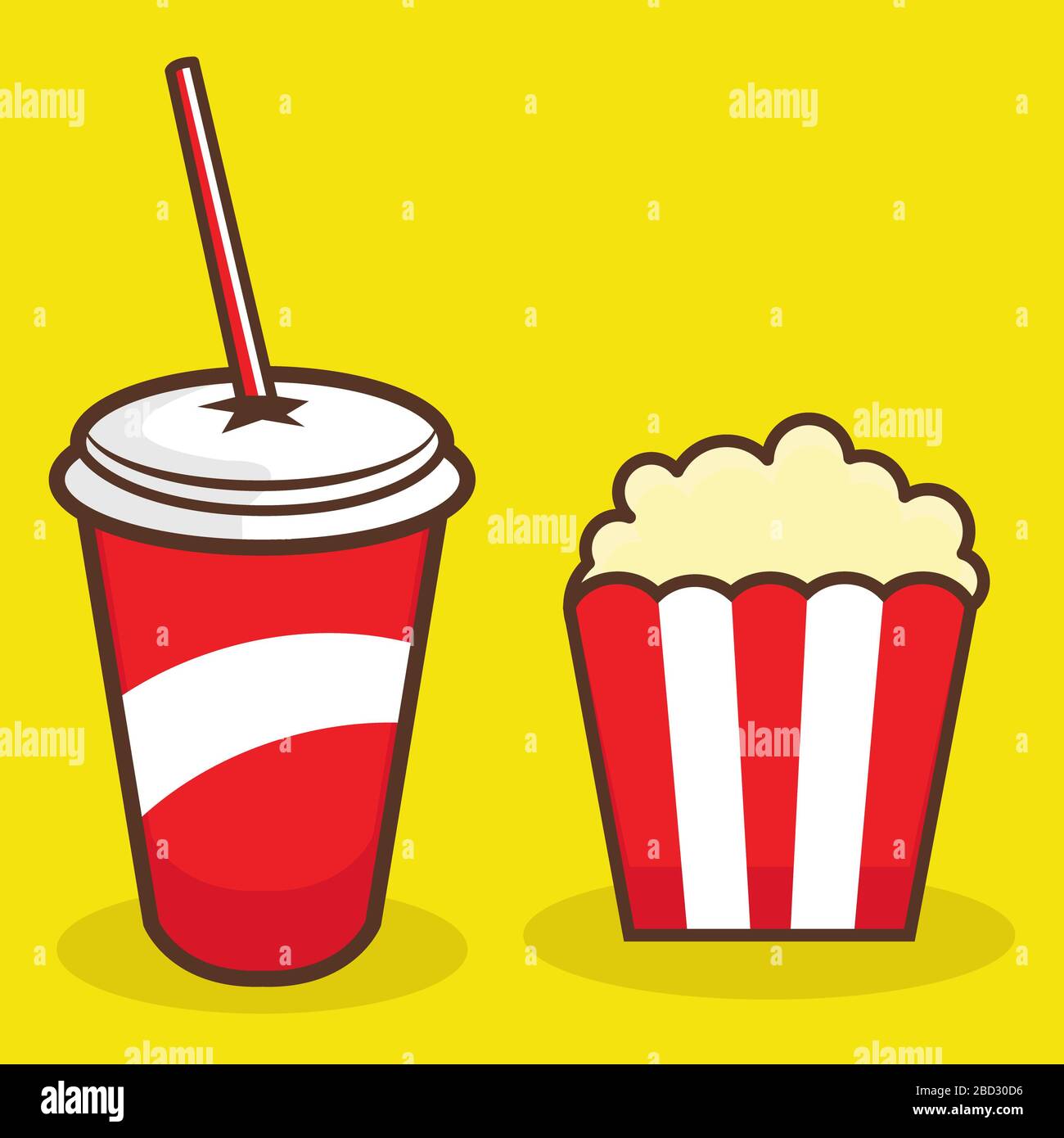 Illustration colorée du maïs-popcorn et de la boisson gazeuse sur fond jaune Banque D'Images