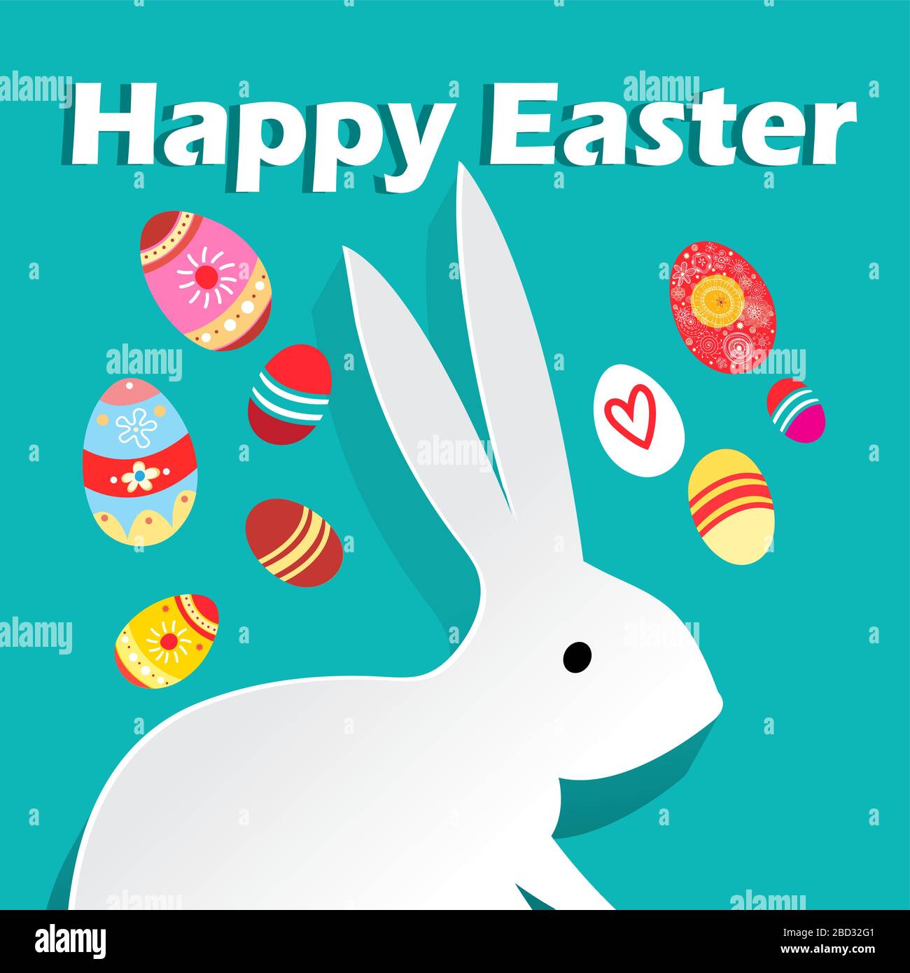 Magnifique carte de Pâques lumineuse avec lapins et œufs sur un fond vert. Exemple de carte de vœux Illustration de Vecteur