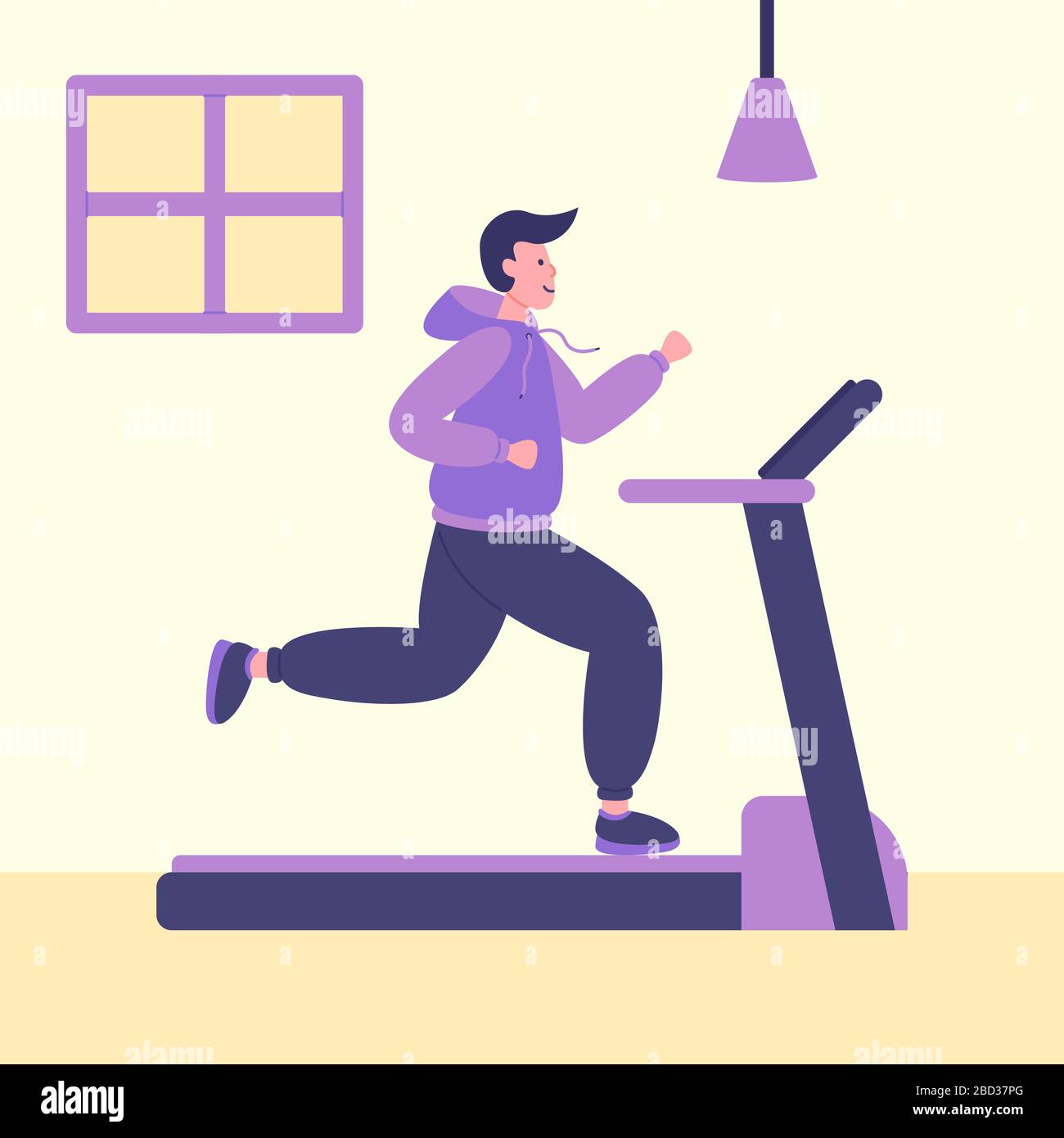 Hommes sur tapis roulant de course dans la salle de gym à la maison en quarantaine, protection contre le virus. Remise en forme ou SALLE DE GYM à la maison pendant la quarantaine du coronavirus. Illustration de Vecteur
