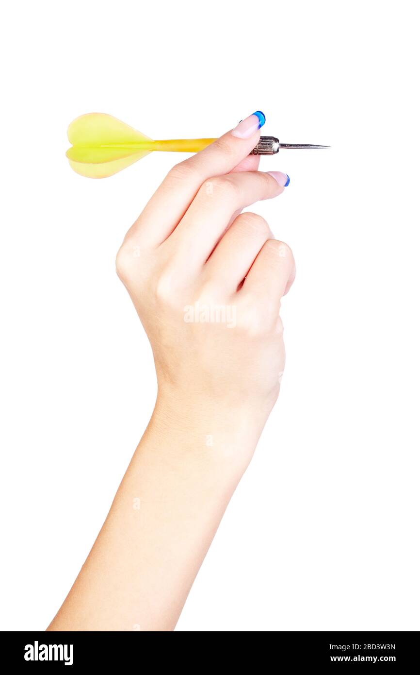 partie du corps isolée de la belle main de femme en bonne santé avec une flèche jaune de dart sur blanc Banque D'Images