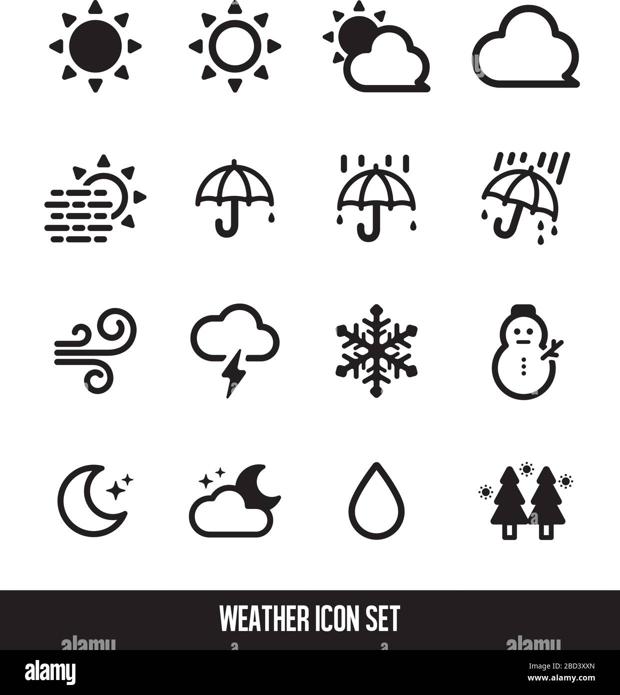 Illustration vectorielle de jeu d'icônes météo ( soleil, pluie, nuageux, neige, brouillard, etc.) Illustration de Vecteur