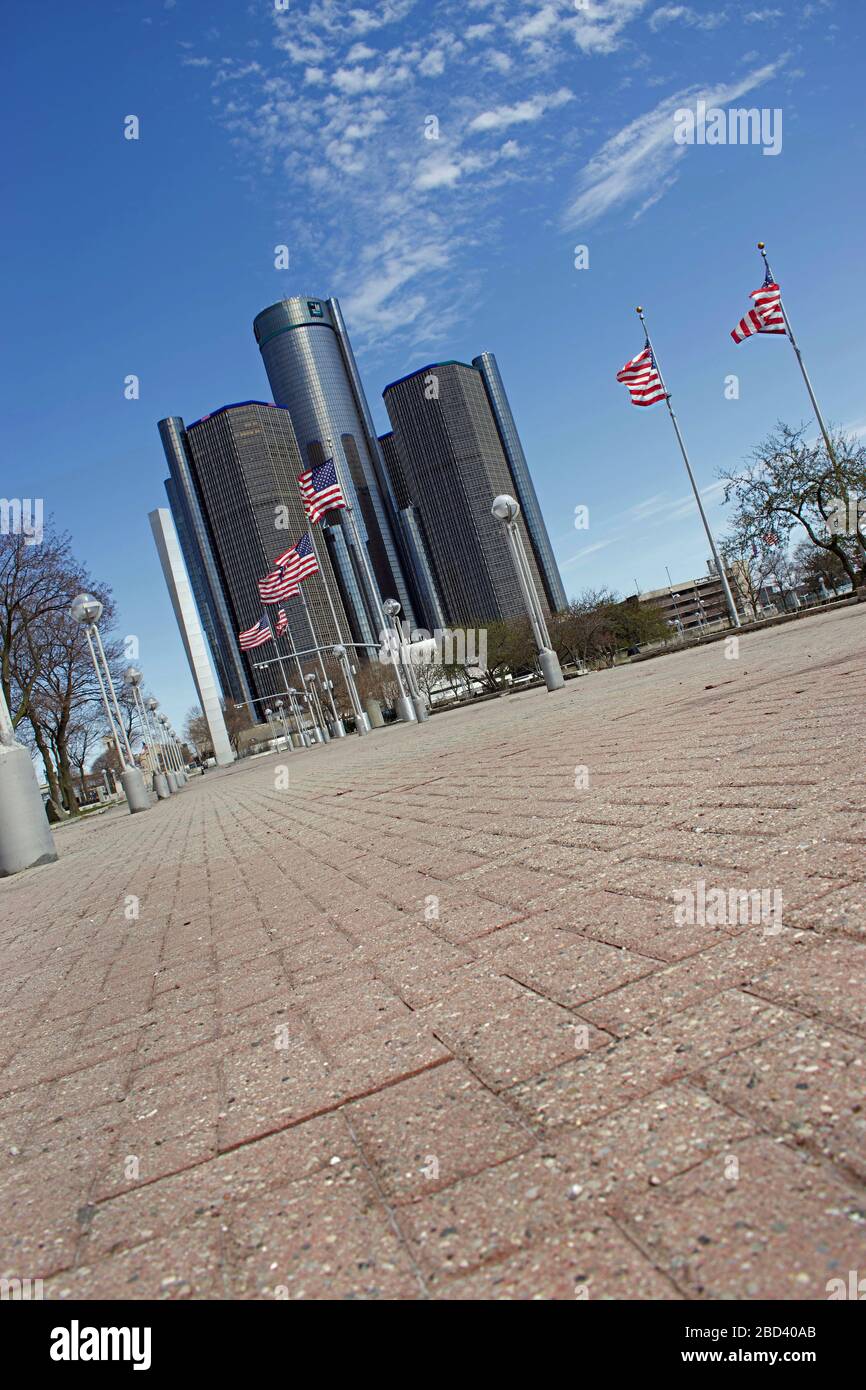 Detroit (Michigan), le 5 avril 2020, le coeur de Detroit est vide et vacant car le « Stay at Home Order » est appliqué dans le centre-ville de Detroit. Look ville fantôme. Banque D'Images