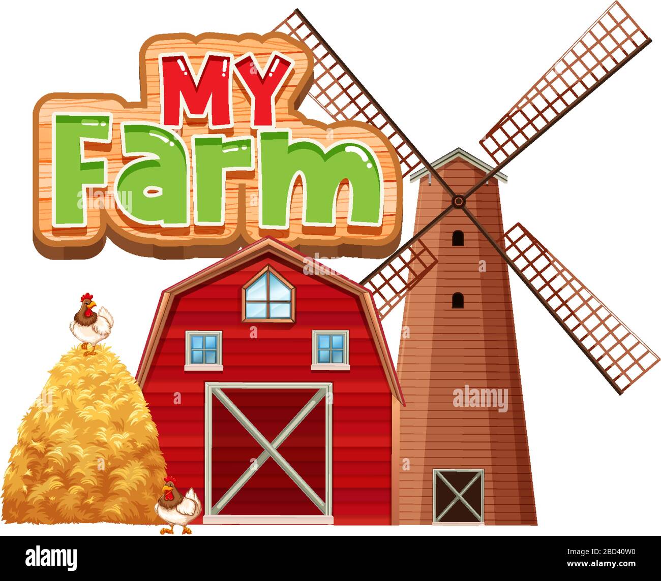 Police de caractères pour mot ma ferme avec l'illustration grange et moulin à vent Illustration de Vecteur