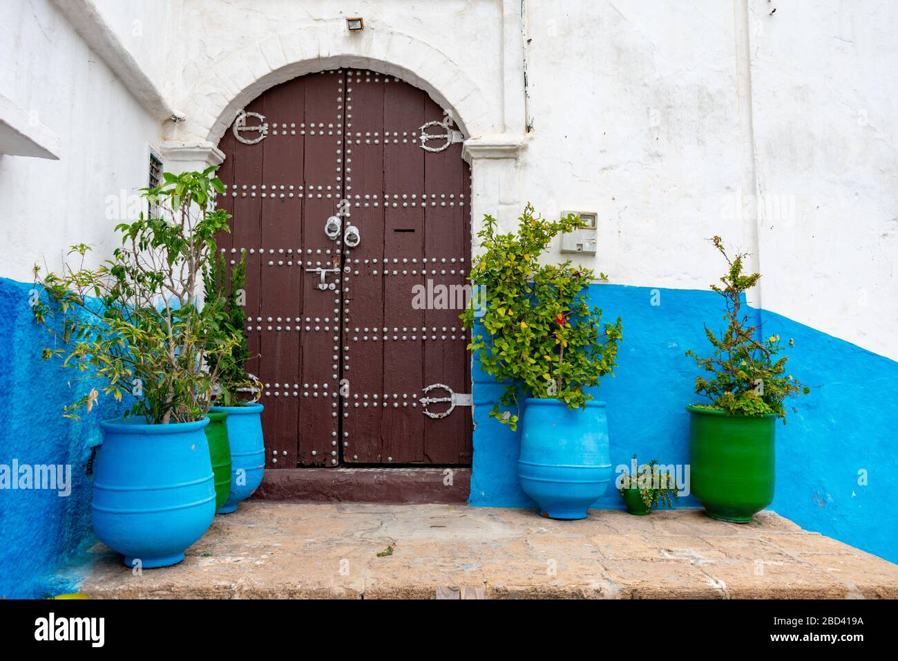 Portes doubles et plantes dans la Kasbah bleue des Udayas à Rabat au Maroc Banque D'Images