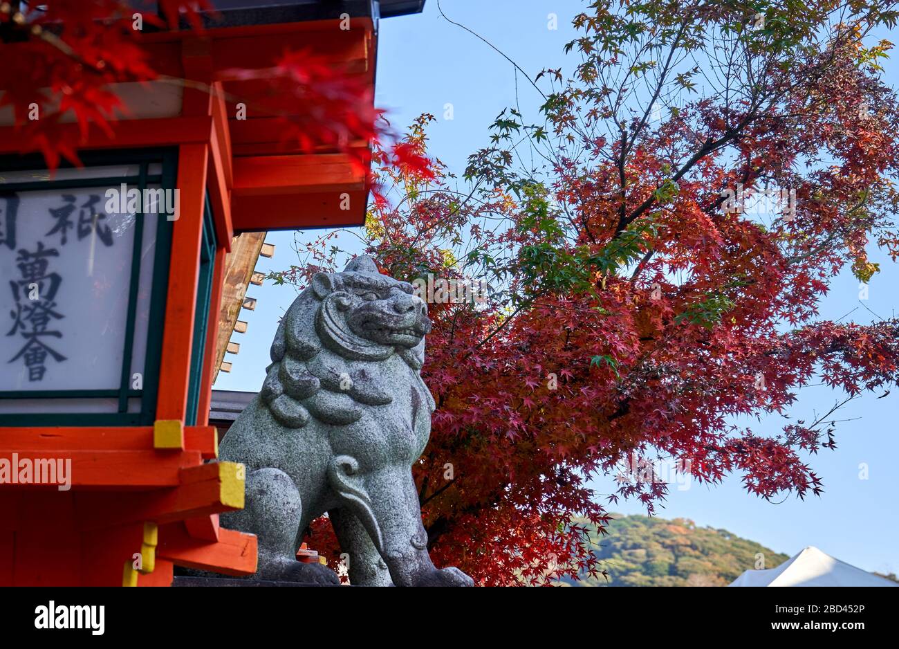 Statue de lion de pierre devant les portes du temple en automne Banque D'Images