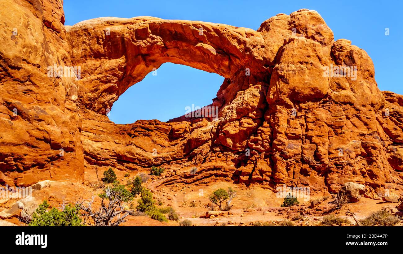 L'arche de fenêtre sud dans la section Windows dans le paysage désertique du parc national d'Arches, Utah, États-Unis Banque D'Images