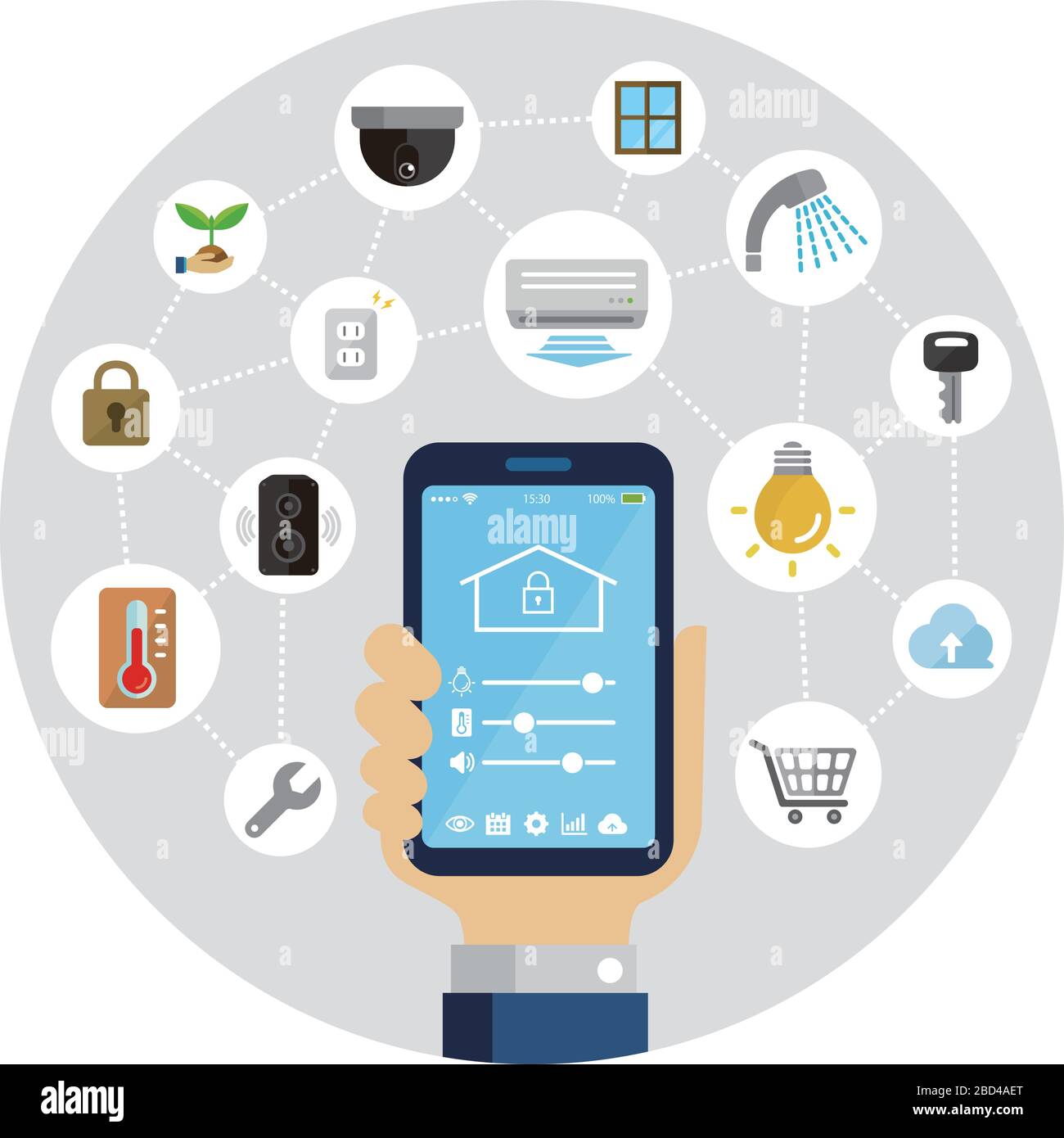 Application smartphone pour contrôler la maison intelligente (maison intelligente) . Illustration plate tenant un smartphone à la main (forme ronde). Illustration de Vecteur