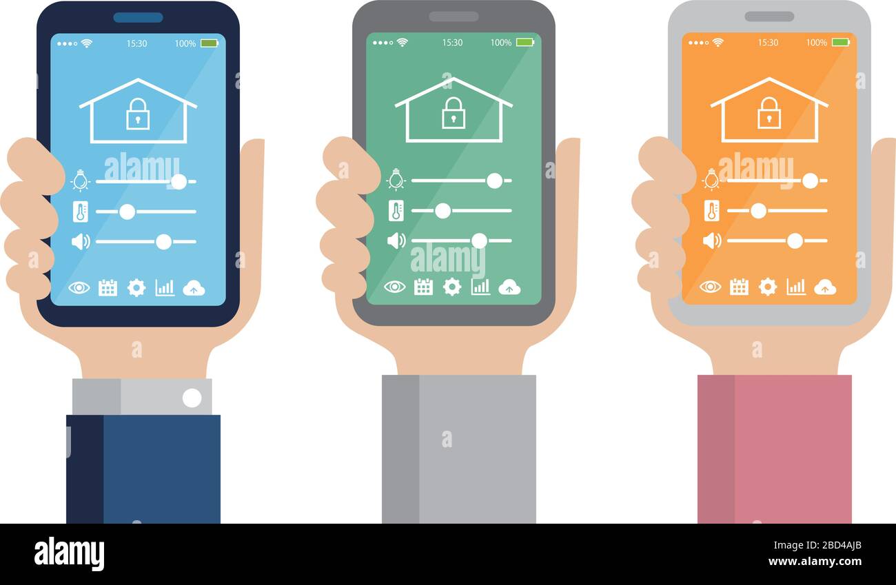 Application smartphone pour contrôler la maison intelligente (maison intelligente) . Illustration plate tenant un smartphone à la main. Illustration de Vecteur