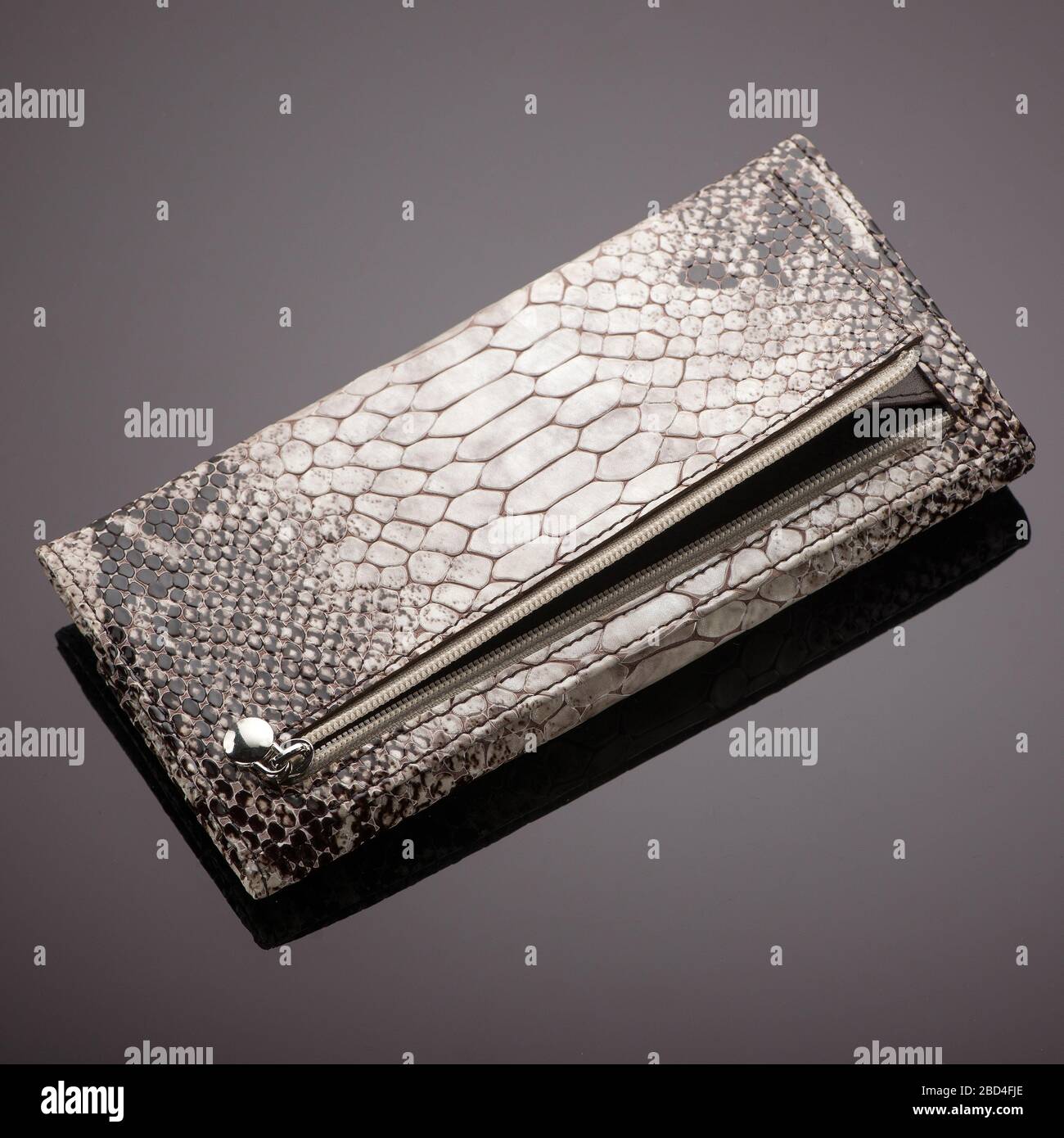 Portefeuille tendance pour Femme en peau de crocodile sur fond marron Banque D'Images