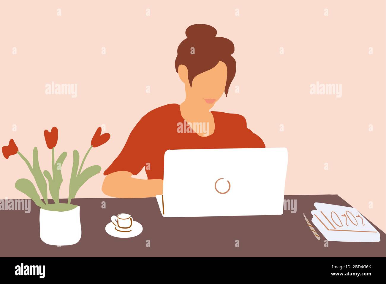 Femme travaillant sur un ordinateur portable dans un lieu de travail confortable. Concept de travail à distance à domicile. Illustration vectorielle colorée dans un style de dessin animé plat Illustration de Vecteur