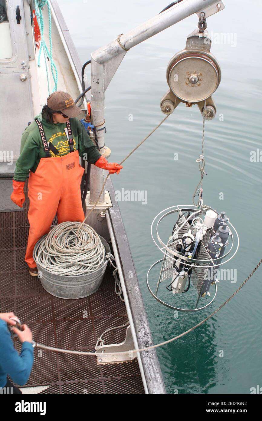 Mayumi Arimitsu abaisser l'instrument pour mesurer les données océanographiques de la CA de Gyre d'Alaska de R/V. Août 2010 Banque D'Images