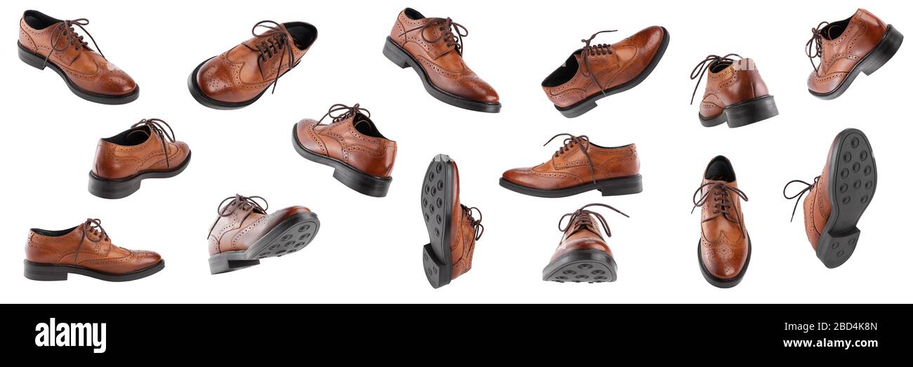 Chaussures oxfords marron classique pour homme, avec laçage de type Derby,  isolées sur un fond blanc dans différents angles et positions, chaussures  décontractées pour le bureau Photo Stock - Alamy