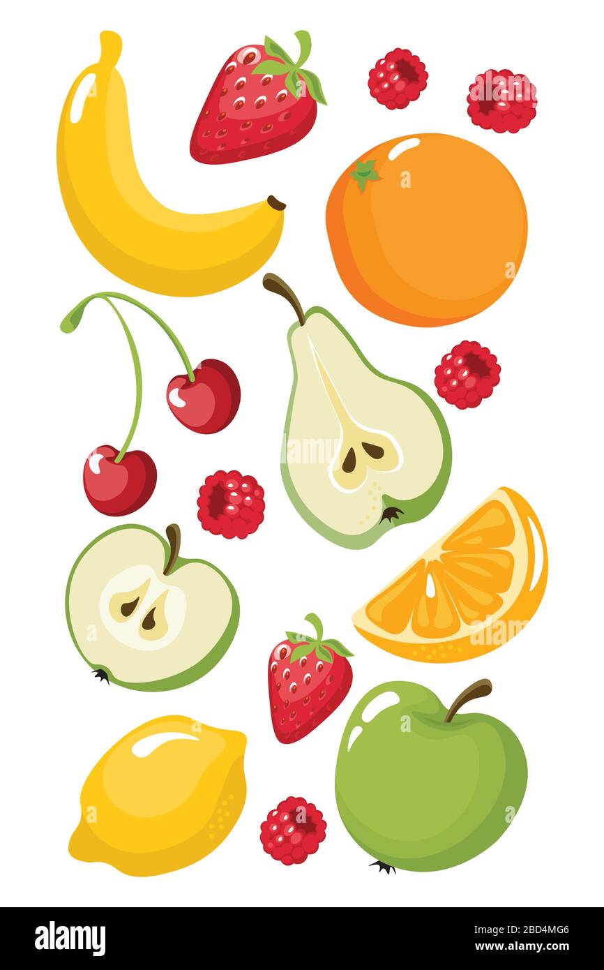 Fruits drôles banane, orange, fraise, pomme, poire, citron, cerise, framboises Illustration de Vecteur