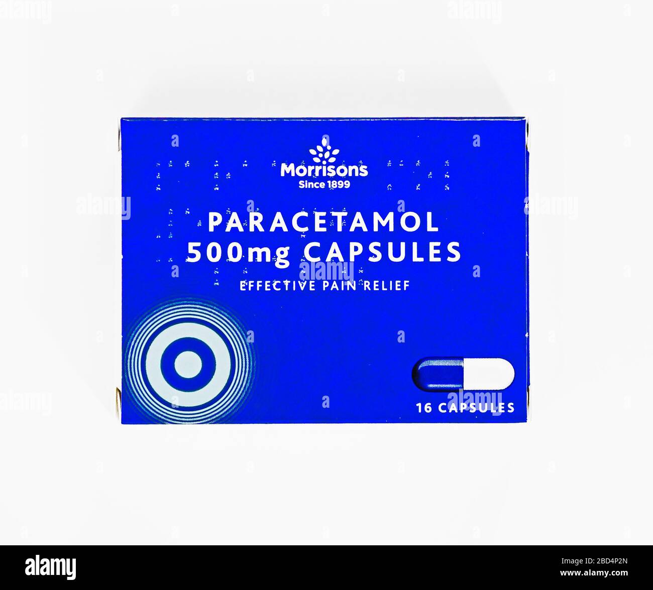 Photo du Pack de capsules de Paracetamol 500mg de Morrison. Soulagement efficace de la douleur. 16 capsules. Banque D'Images