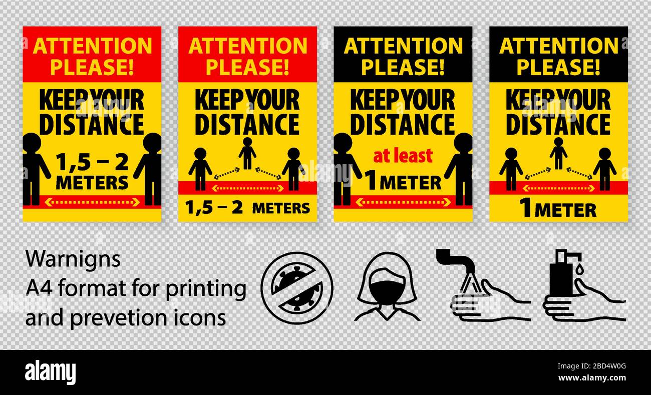 Signe de coronavirus. Gardez une distance de 1 mètre entre les personnes à l'attention de s'il vous plaît. Arrêt de la propagation du virus. Signe d'avertissement d'information sur la quarantaine. Illustration de Vecteur