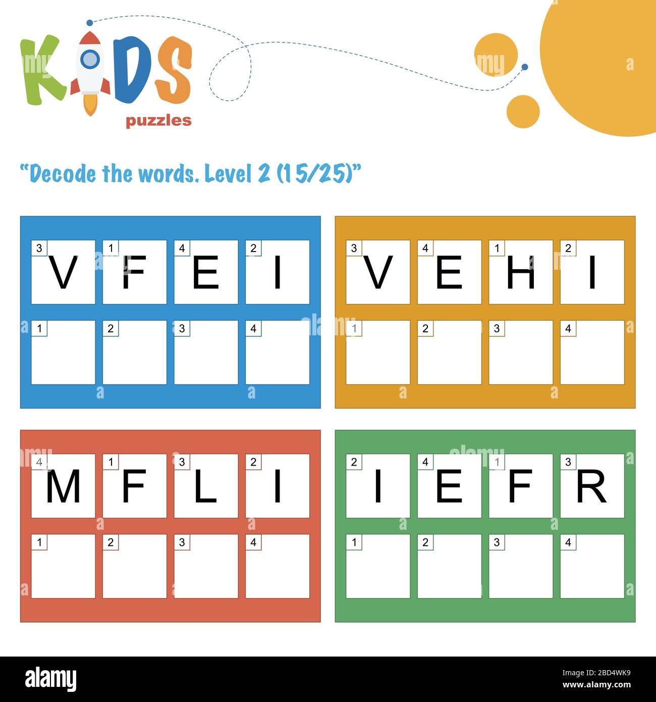 Décoder les mots à 4 lettres. Pratique sur les feuilles de travail pour les enfants d'âge préscolaire, élémentaire et intermédiaire. Fiche d'activité du puzzle logique amusant. Illustration de Vecteur