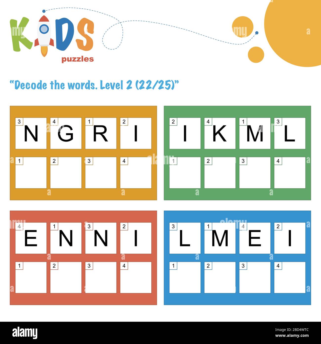 Décoder les mots à 4 lettres. Pratique sur les feuilles de travail pour les enfants d'âge préscolaire, élémentaire et intermédiaire. Fiche d'activité du puzzle logique amusant. Illustration de Vecteur