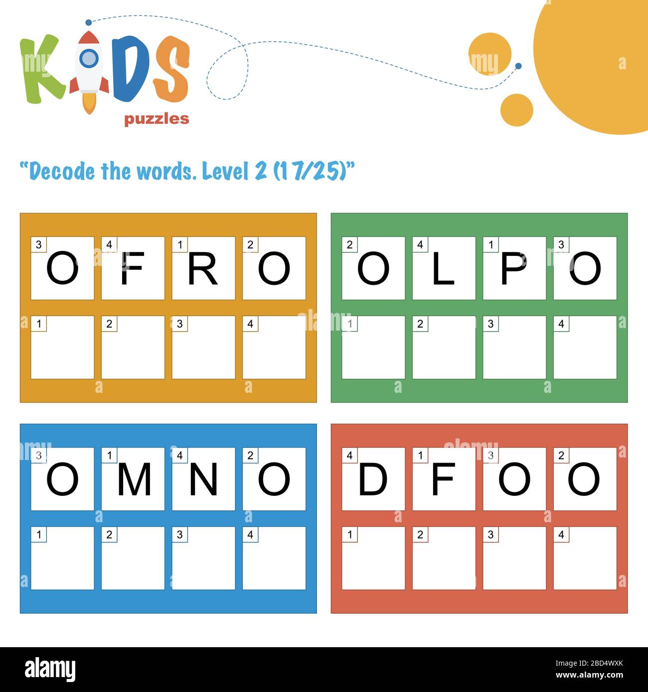 Décoder les mots à 4 lettres. Pratique sur les feuilles de travail pour les enfants d'âge préscolaire, élémentaire et intermédiaire. Fiche d'activité du puzzle logique amusant. Illustration de Vecteur