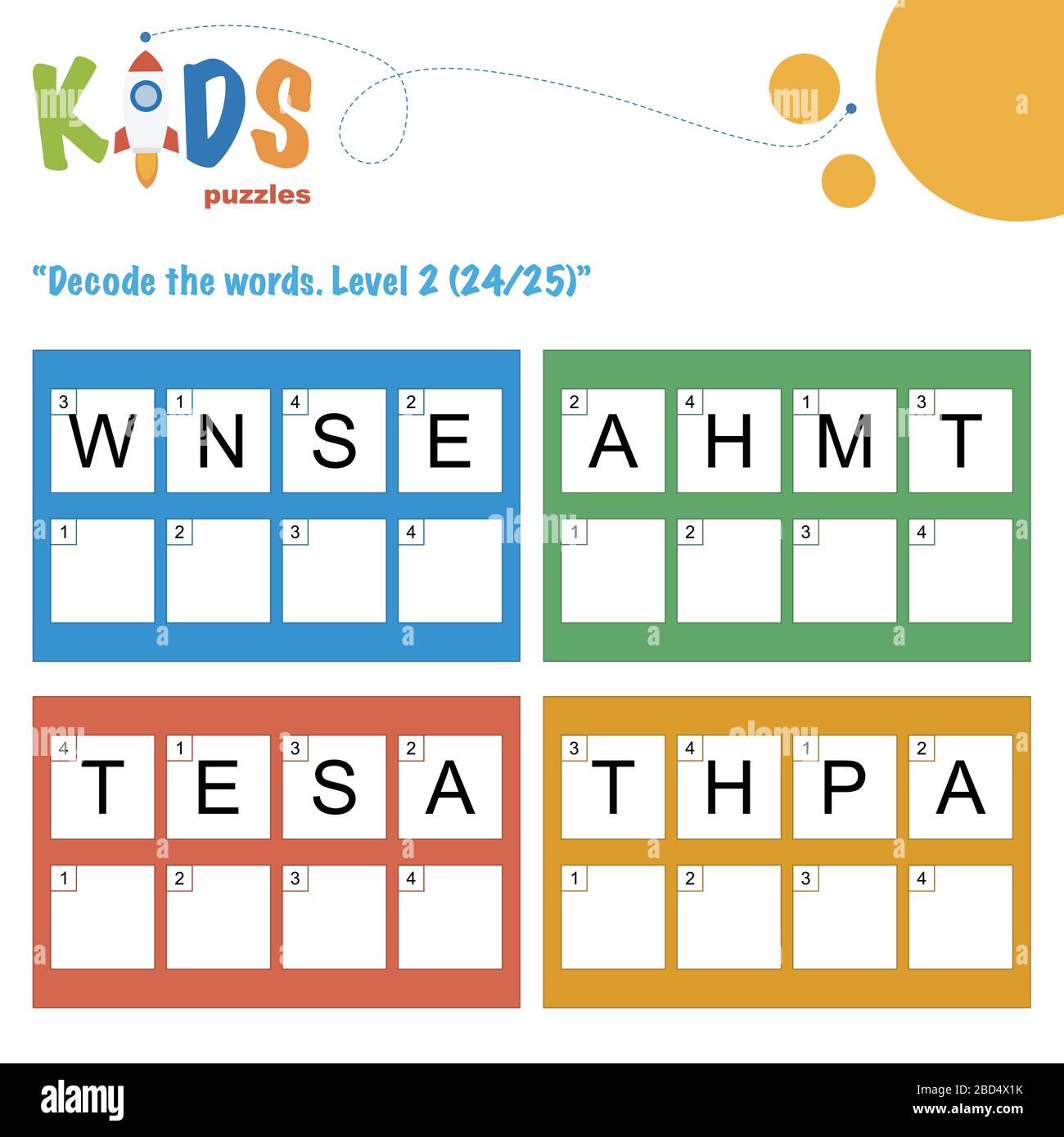Décoder les mots à 4 lettres. Pratique sur les feuilles de travail pour les enfants d'âge préscolaire, élémentaire et intermédiaire. Fiche d'activité du puzzle logique amusant. Illustration de Vecteur