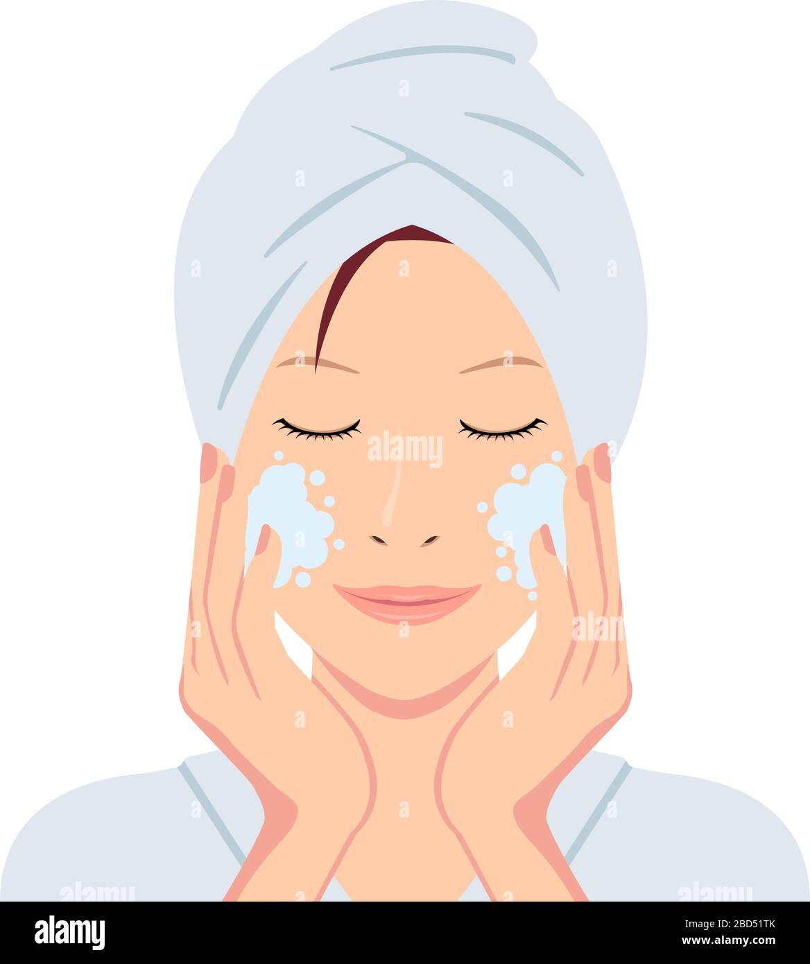 Jeune femme asiatique visage illustration vectorielle (juste hors du bain) / nettoyage, maquillage enlèvement Illustration de Vecteur