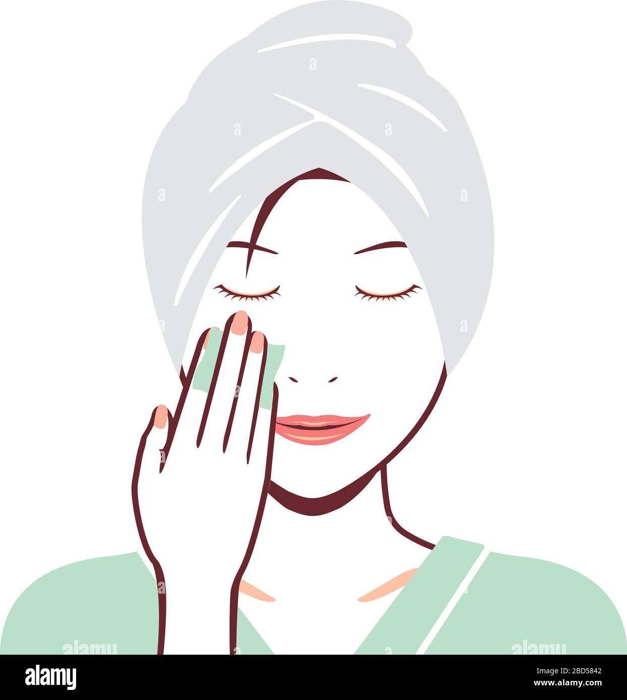Jeune femme asiatique visage illustration vectorielle (juste hors du bain) / coton, démaquillage Illustration de Vecteur