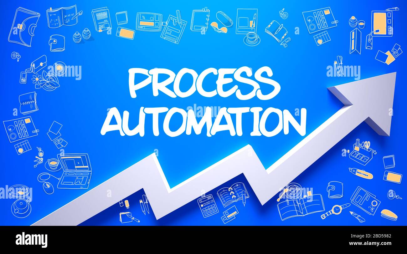 Automatisation des processus - amélioration du concept avec les icônes de conception Doodle autour sur fond de mur bleu. Surface Azure avec inscription à l'automatisation des processus et flèche blanche. Augmenter le concept. Banque D'Images