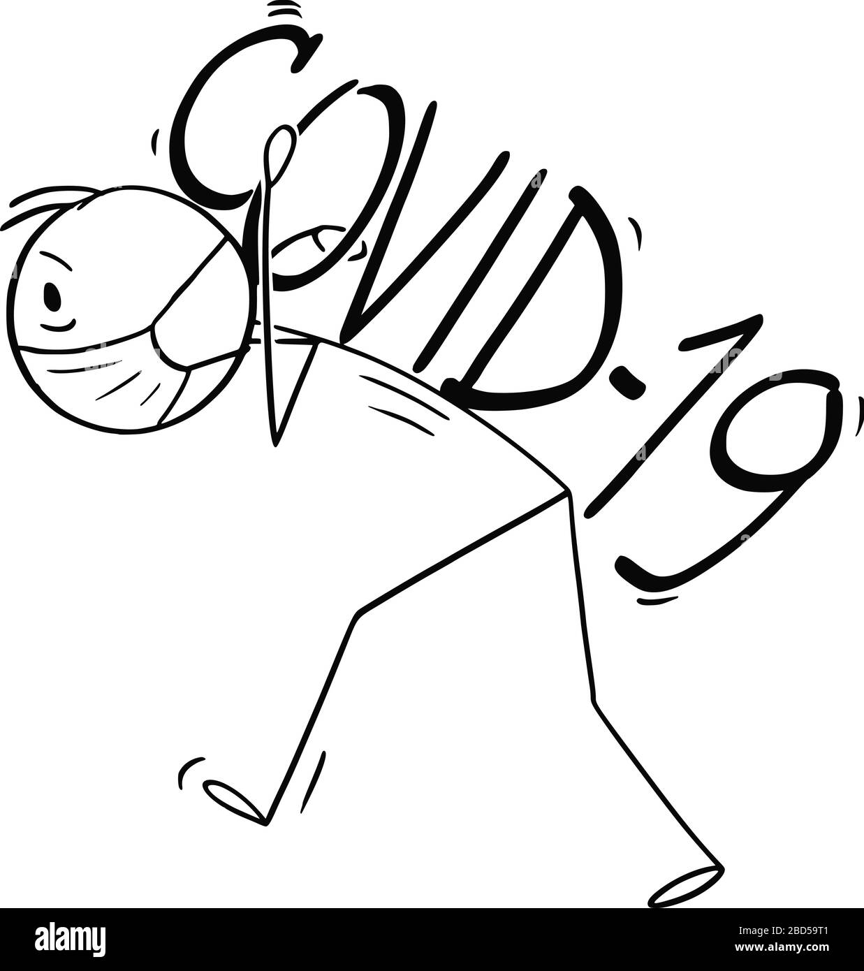 Dessin de dessin de dessin de dessin de dessin de dessin conceptuel de l'homme frustré surchargé transportant de lourdes pensées et le stress de penser à l'infection d'épidémie de coronavirus COVID-19. Illustration de Vecteur