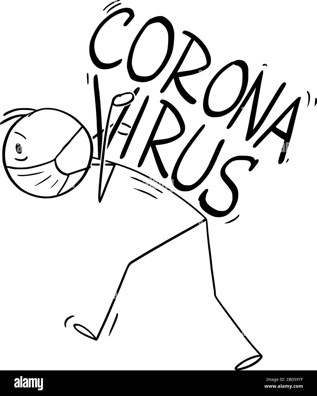 Dessin de dessin de dessin de dessin de dessin de dessin conceptuel de l'homme frustré surchargé transportant de lourdes pensées et le stress de penser à l'infection d'épidémie de coronavirus COVID-19. Illustration de Vecteur