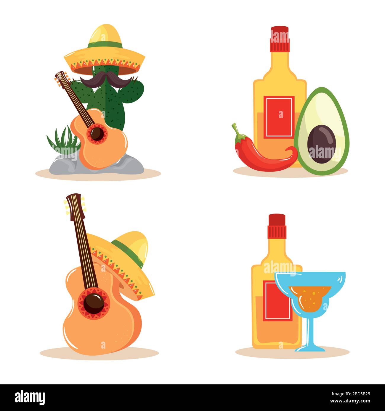 Guitare cactus mexicain chapeau tequila bouteille Chili avocat et cocktail vectoriel design Illustration de Vecteur