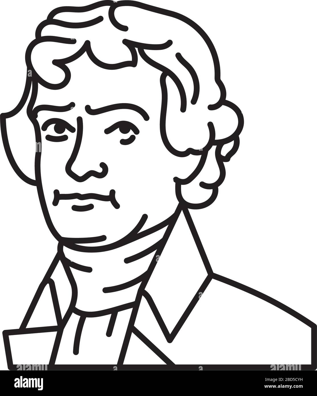 Ancienne icône de ligne vectorielle de portrait isolée Thomas Jefferson, président américain. Illustration de Vecteur
