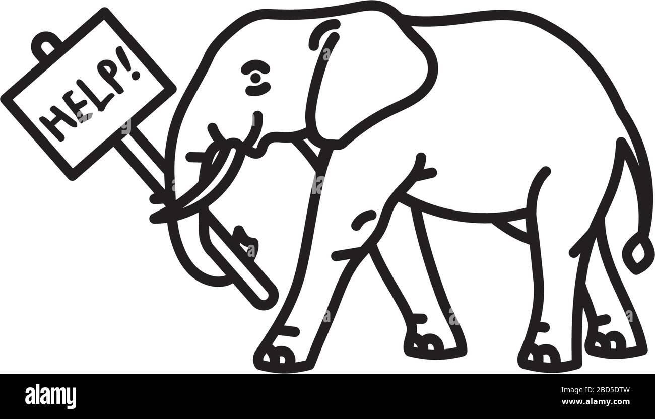 L'éléphant d'Afrique tenant l'aide signe l'icône de ligne de vecteur. Symbole du contour des espèces en voie de disparition. Illustration de Vecteur