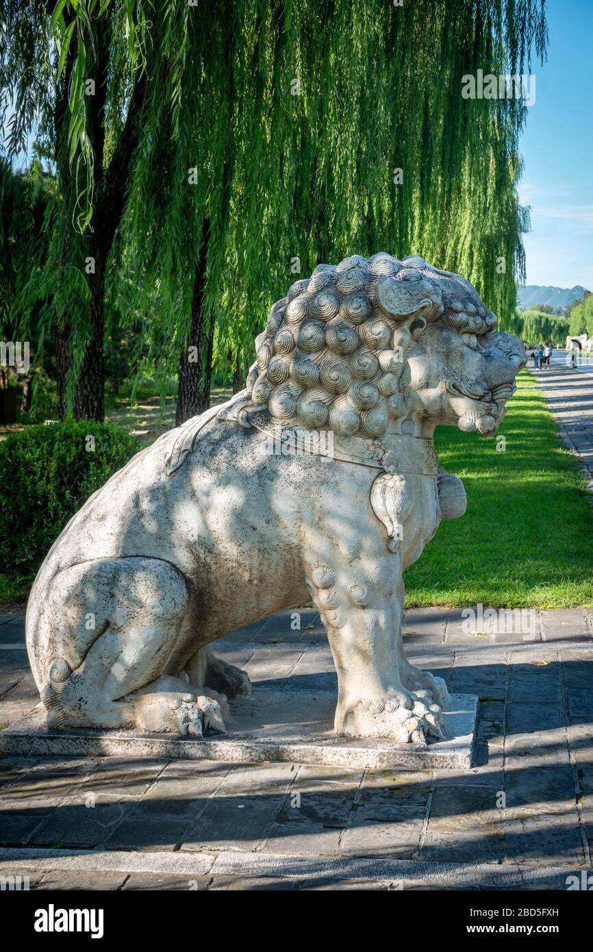 Statue du lion à genoux, de l'Esprit ou de la voie sacrée, des tombes de Ming, du district de Changping, Beijing, Chine Banque D'Images