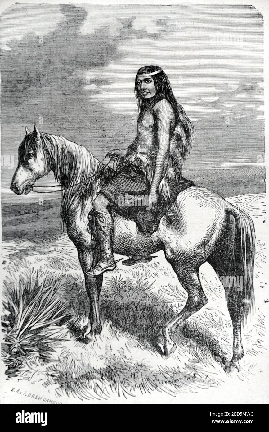 Indien de la Patagonie indigène ou autochtone à cheval et portant le costume traditionnel Patagonia Amérique du Sud. Vintage ou ancienne illustration ou gravure 1882 Banque D'Images