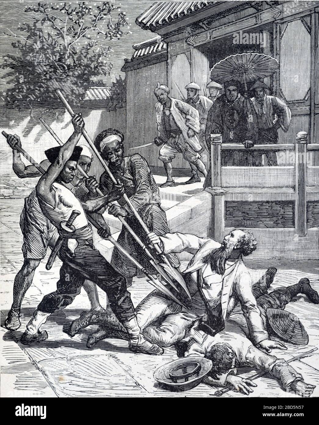 Assassinat ou meurtre du diplomate britannique et explorateur Augustus Raymond Marric à Tengchong, anciennement Tengyue, Chine, le 21 février 1875. Vintage ou ancienne illustration ou Gravure 1882 Banque D'Images