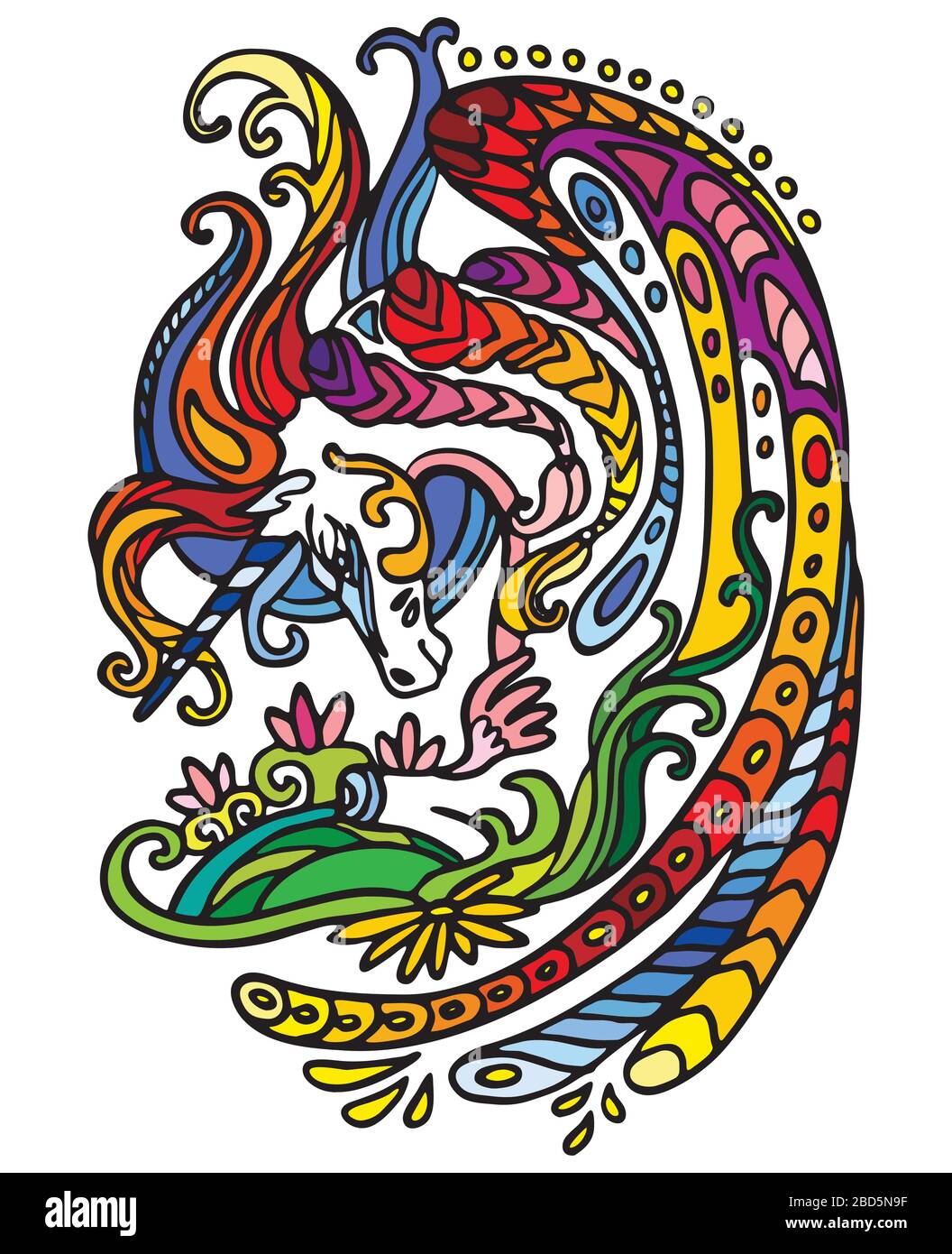 Piodon décoratif coloré vectoriel ornement arc-en-ciel unicorn. Illustration vectorielle abstraite décorative dans des couleurs multicolores avec isolat de contour noir Illustration de Vecteur