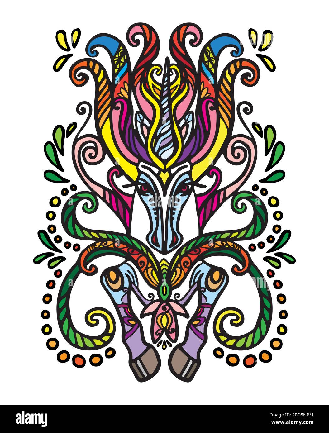 Caniche décorative colorée unicorn. Illustration vectorielle abstraite décorative de différentes couleurs avec contour noir isolé sur fond blanc Illustration de Vecteur