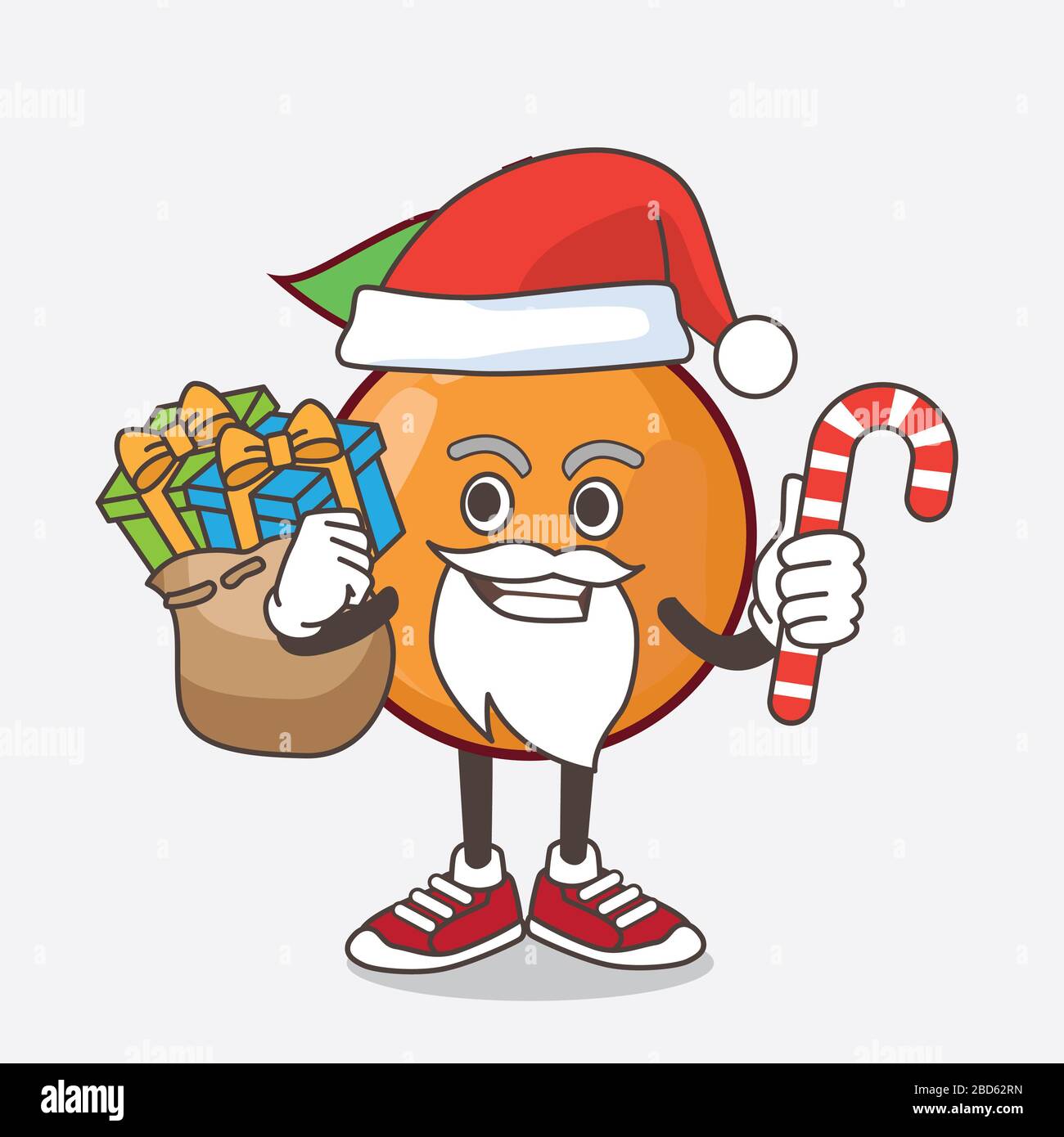 Illustration du personnage de mascotte de dessin animé de fruits de couleur orange clémentine en costume de Père Noël avec des bonbons Banque D'Images