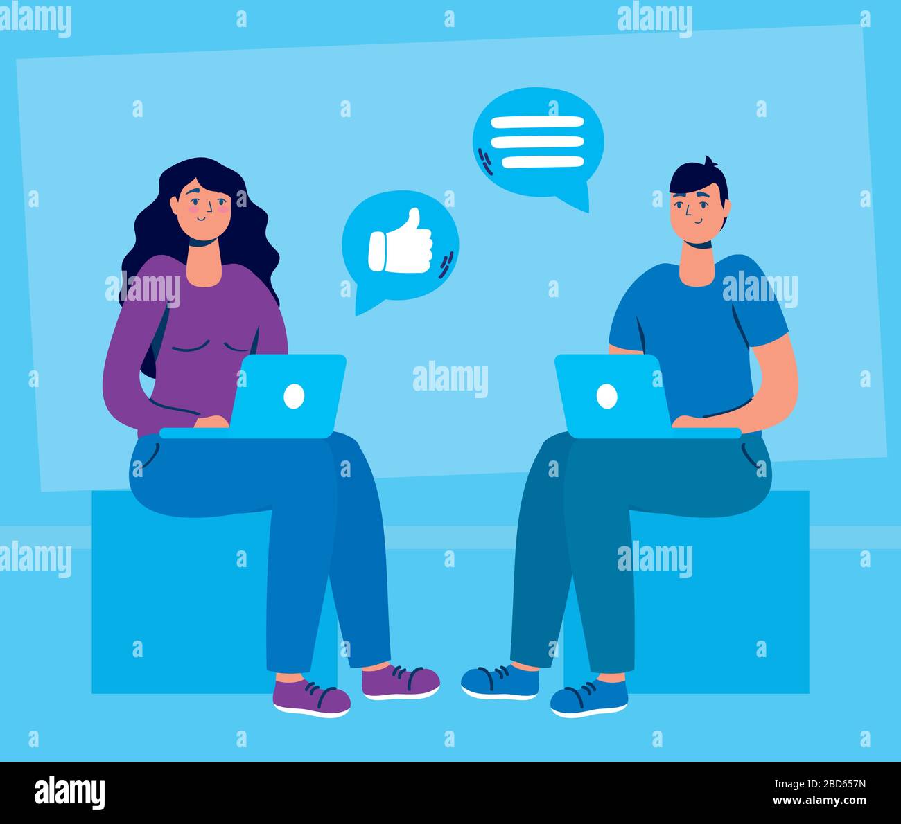 couple utilisant la technologie des réseaux sociaux d'ordinateur portable Illustration de Vecteur