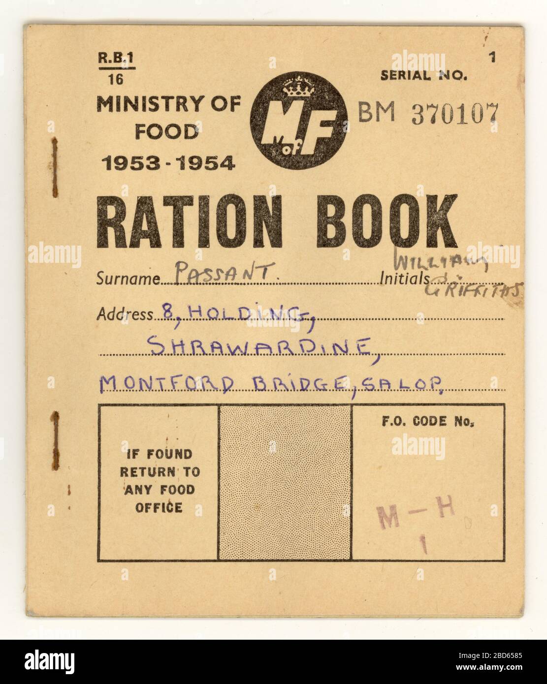 Après la guerre 1953-54 livre de ration, ministère de la nourriture, pour un résident de Shropshire, Angleterre, Royaume-Uni Banque D'Images