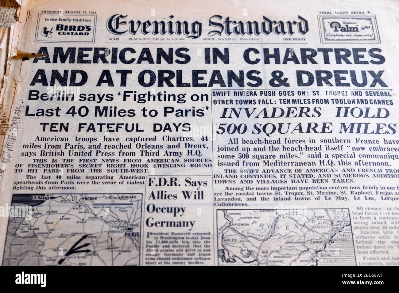 "Américains à Chartres et à Orléans & Dreux" 17 août 1944 soir titre du journal britannique Standard WWII à Londres Angleterre Grande-Bretagne Royaume-Uni Banque D'Images