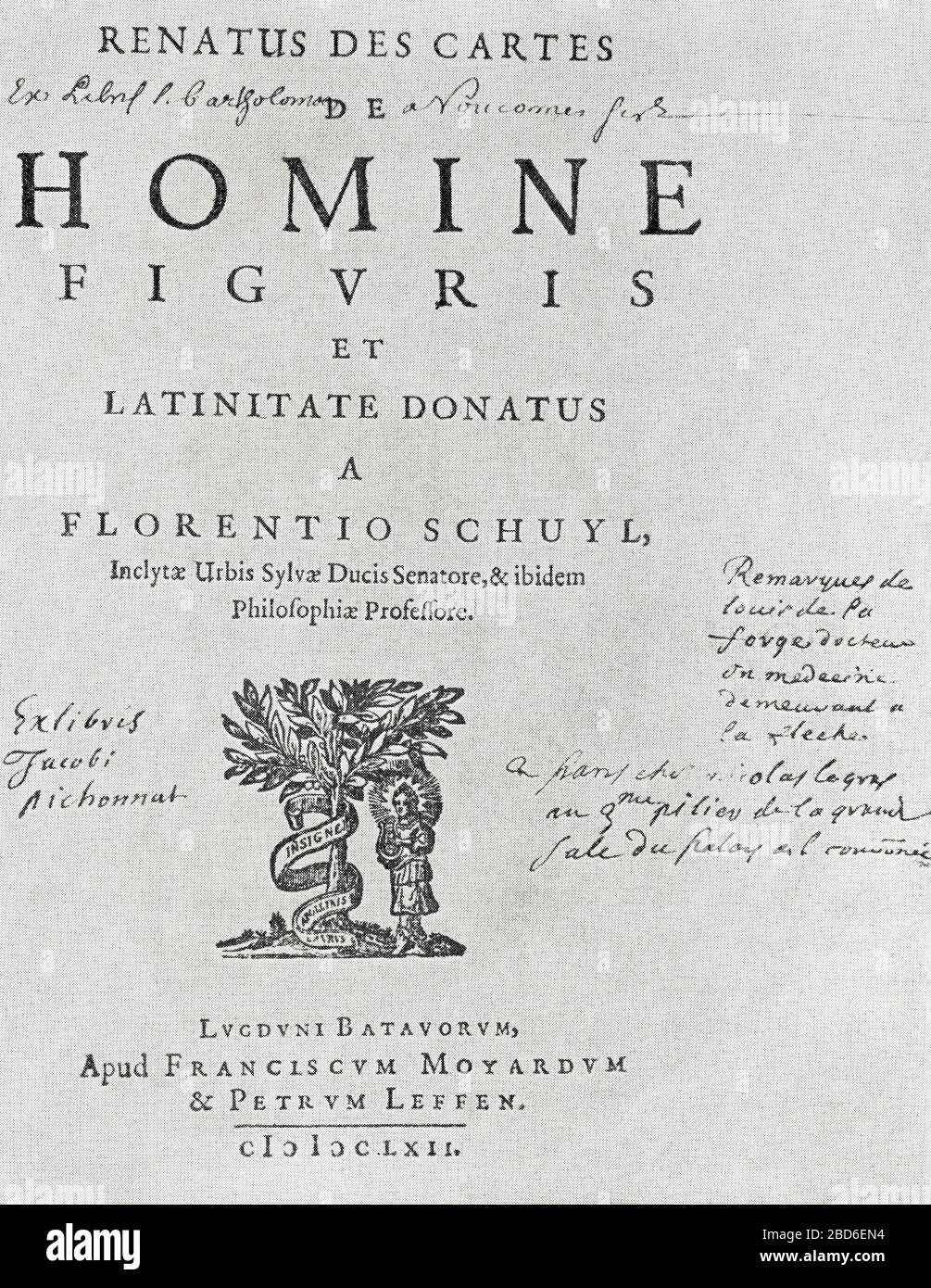 Titre annoté de la première édition de Descartes de homine, 1662, qui contient les passages sur l'action réflexe, l'innervation réciproque et la glande pinéale comme siège de l'âme. René Descartes, 1596 – 1650. Philosophe, mathématicien et scientifique français. De lectures sélectionnées dans l'histoire de la physiologie, publié 1930. Banque D'Images