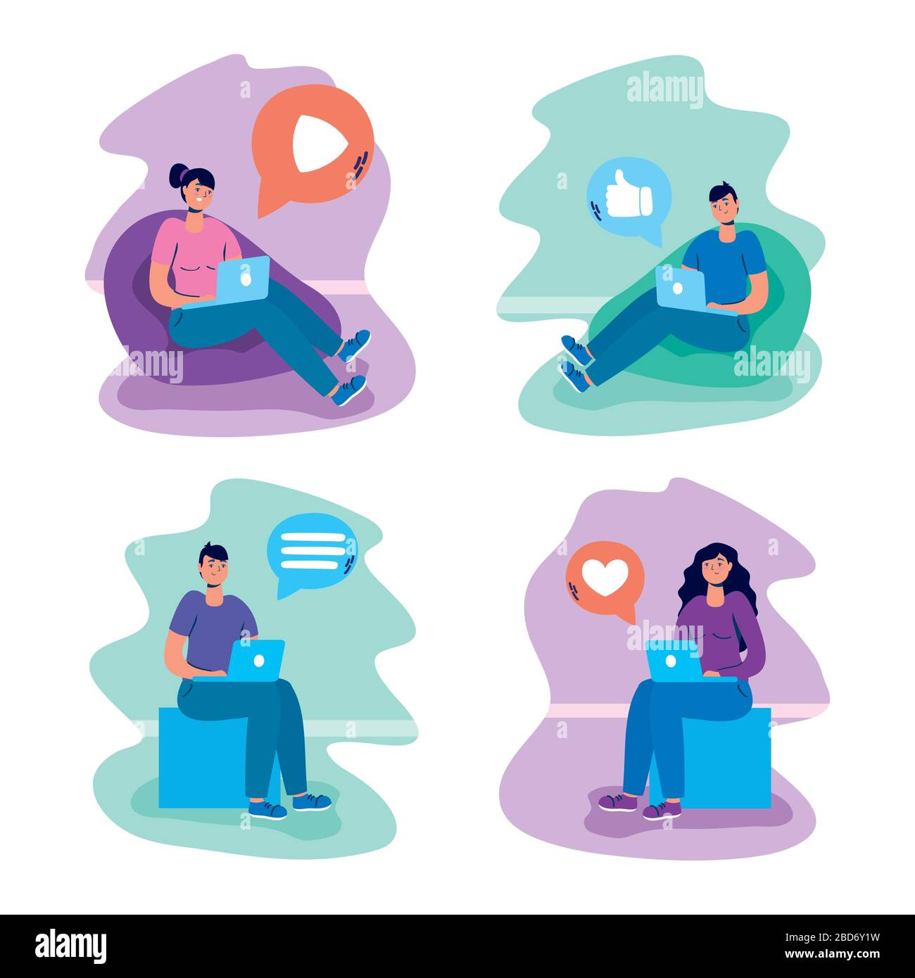 les utilisateurs d'ordinateurs portables utilisent la technologie des réseaux sociaux Illustration de Vecteur