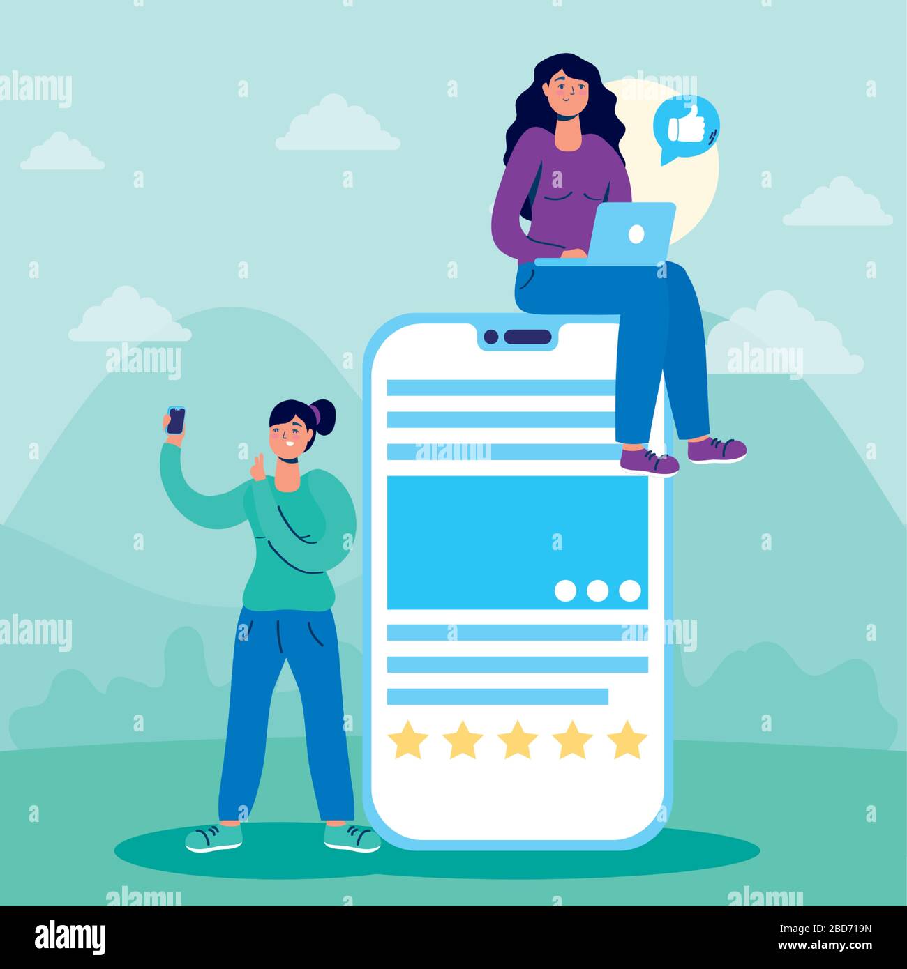 les filles utilisent la technologie des réseaux sociaux des ordinateurs portables et des smartphones Illustration de Vecteur