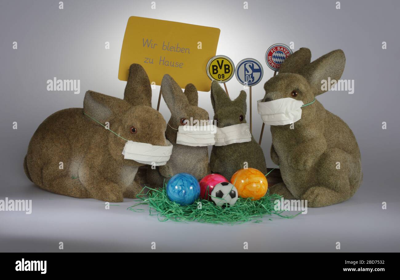 firo: 06.04.2020 Pâques 2020, lapins de Pâques avec protection de la bouche et logo Schalke, BVB, Et les fans du Bayern Munich doivent encore être patients jusqu'à ce que les petits pains de la balle à nouveau, oeufs de Pâques, panier de Pâques, célébration de Pâques, Feature cette année les lapins de Pâques veulent célébrer leur célébration de Pâques seul à la maison, Corona Covid 19, Coronavirus Studio image Joke, Humor | usage dans le monde entier Banque D'Images