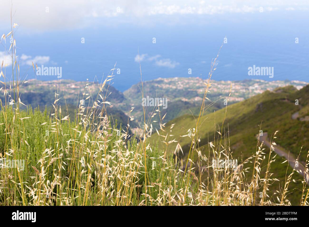 Vue sur la côte de l'océan et le village depuis les sommets des montagnes de l'île de Madère, Portuga Banque D'Images