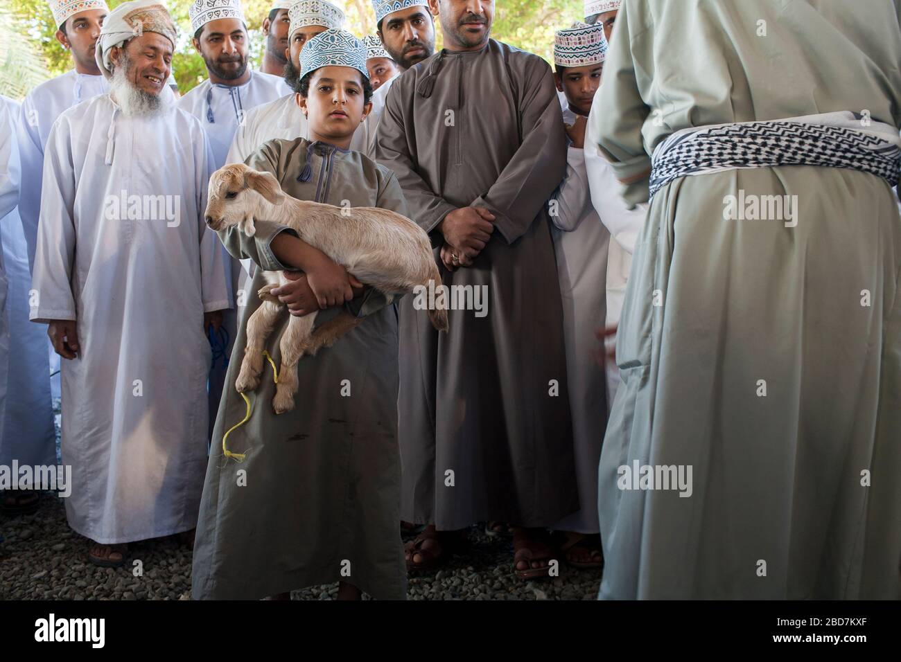 Les hommes et les garçons omanais s'élèvent et se aggle pour le bétail sur le marché du bétail du vendredi dans l'ancien souk de Nizwa en Oman Banque D'Images