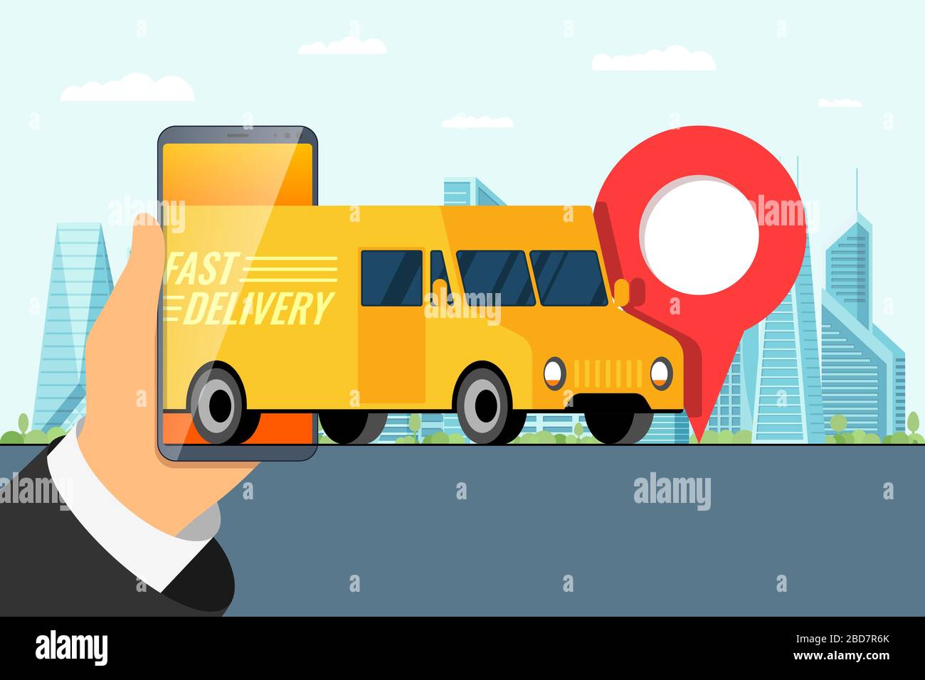 Concept d'application de service de commande de camion de livraison rapide. Téléphone intelligent portable avec géolocalisation gps, code PIN, adresse d'arrivée sur la rue de la ville et concept d'expédition express de fret. Application en ligne vecteur plat Illustration de Vecteur