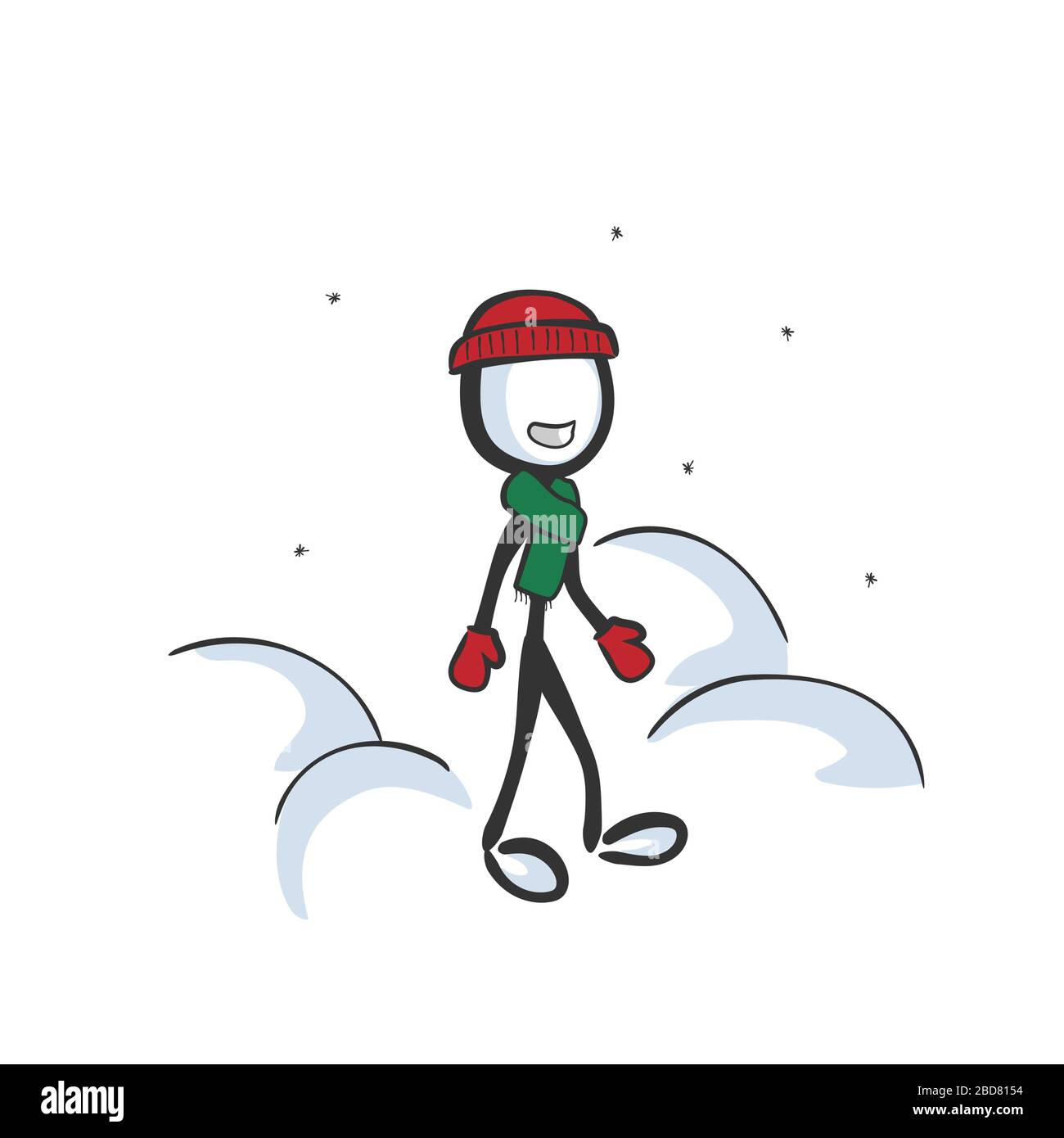 Homme portant un foulard et des gants pour chapeau d'hiver. Plaisir en plein air en saison froide. Tiré à la main. Dessin animé stickman. Esquisse Doodle, illustration graphique vectorielle Illustration de Vecteur