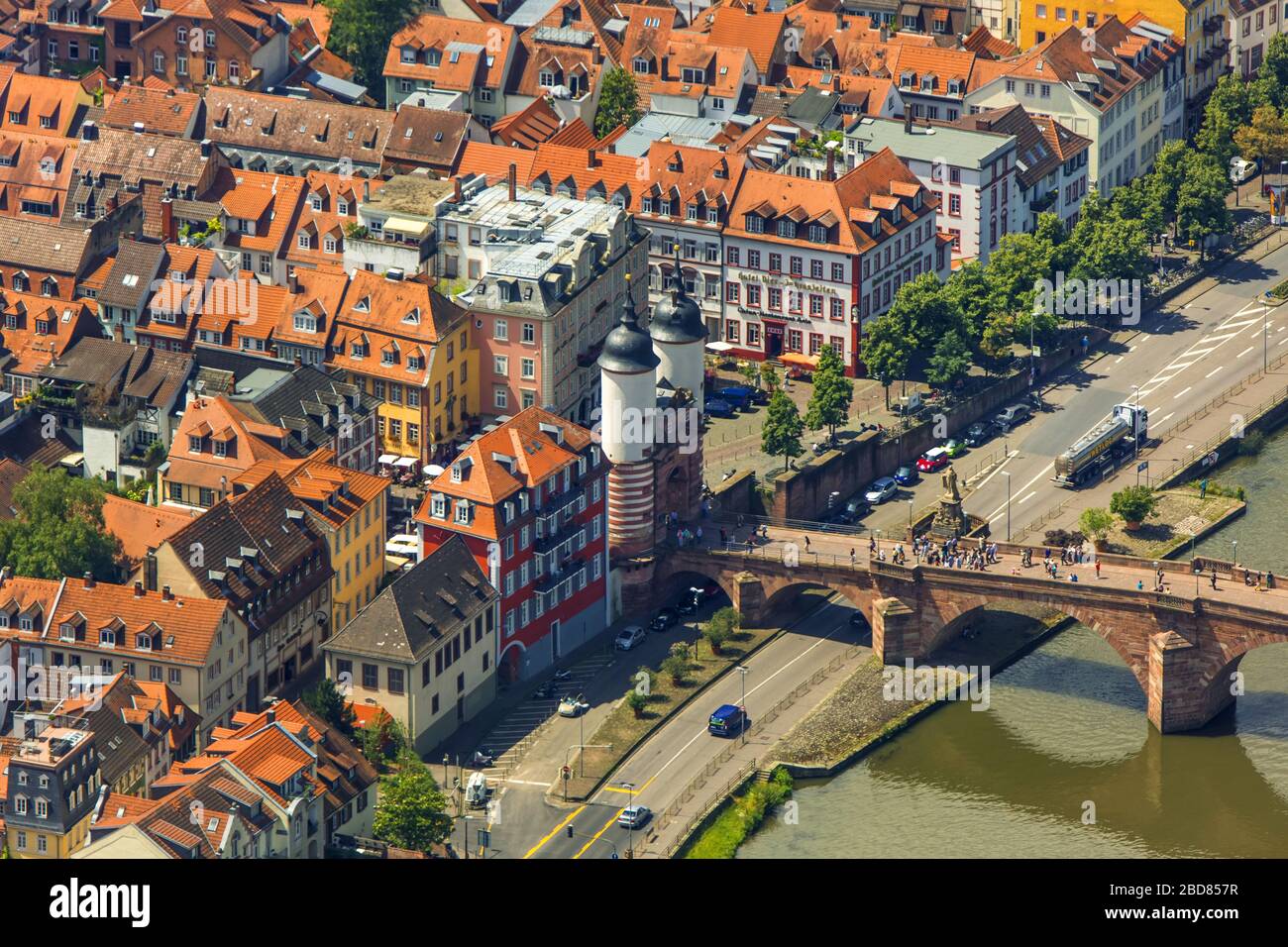 , vieille ville de Heidelberg, ancien pont sur le Neckar, 15.07.2014, vue aérienne, Allemagne, Bade-Wuerttemberg, Heidelberg Banque D'Images